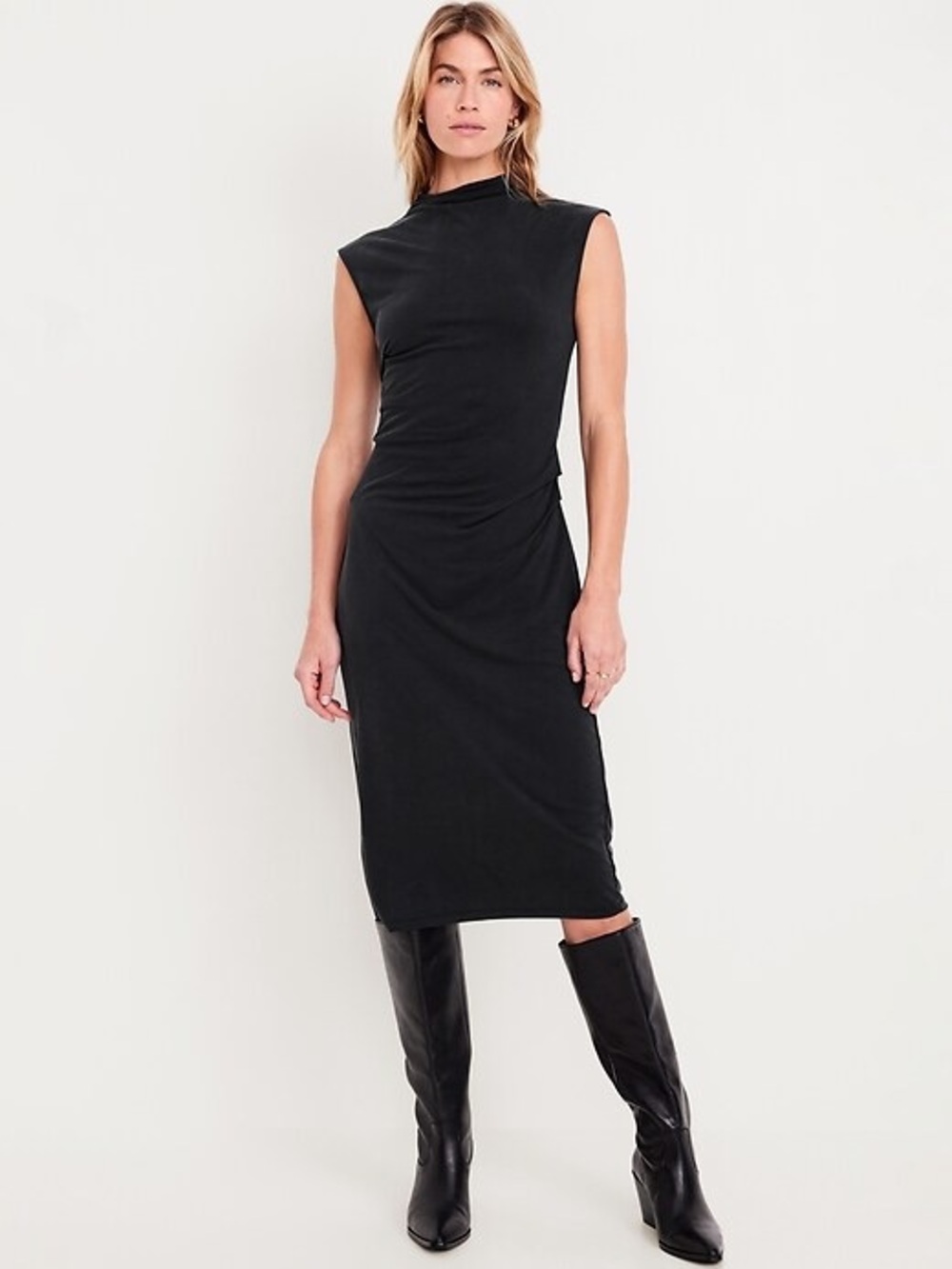 Old Navy Size XS NWT Black Mock Neck Midi Ruched Dress